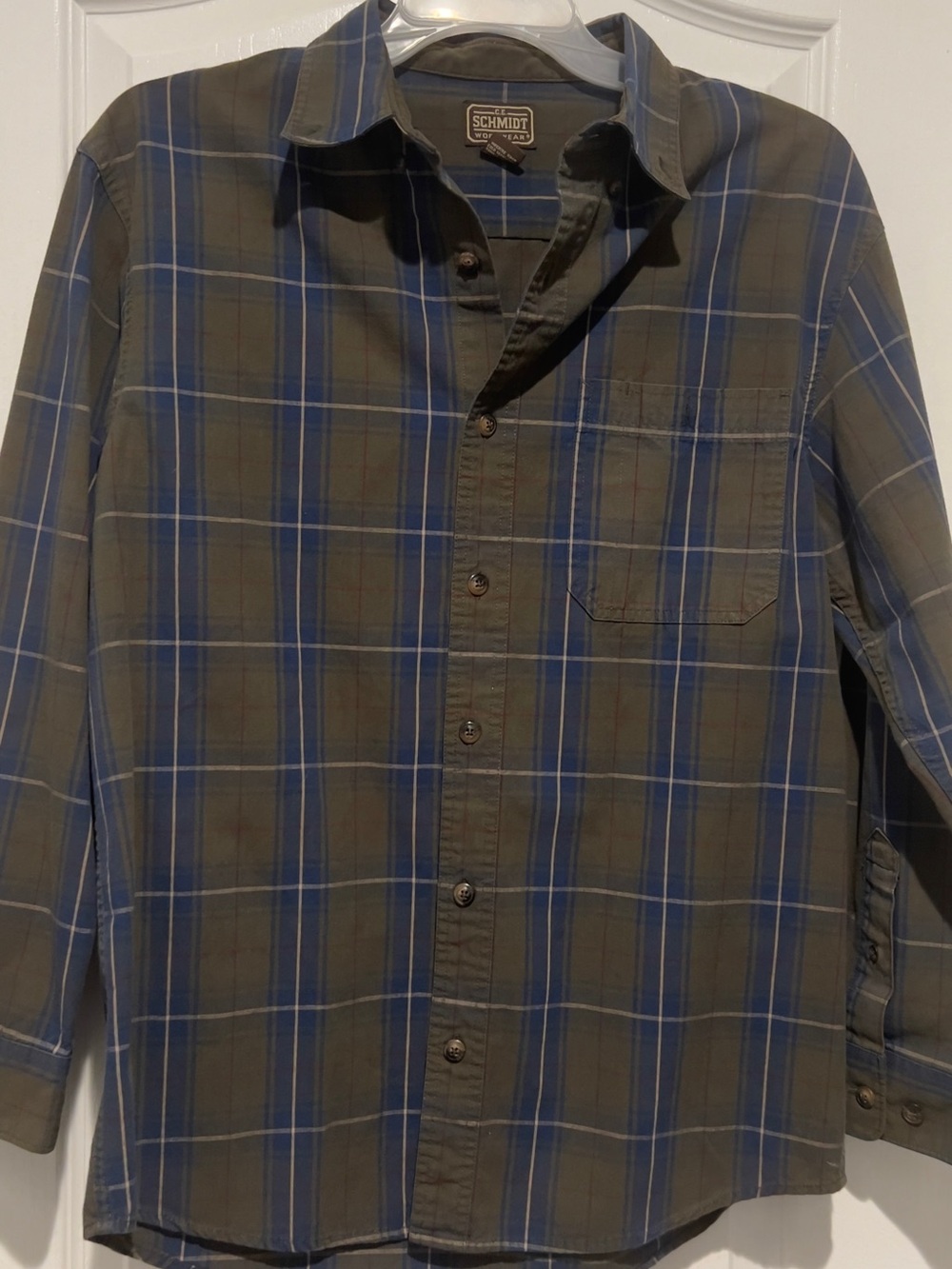 Stafford Olive and Blue Plaid Long-Sleeve Button-Down Shirt, Medium